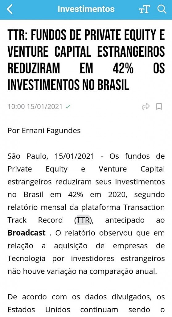 TTR: Fundos de private equity e venture capital estrangeiros reduziram em 42% os investimentos no Brasil